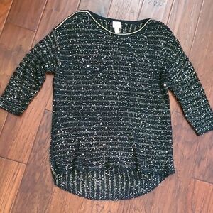 Chico's Black & Gold Striped Sweater with Sequins size 2 (Large)